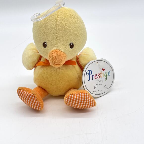NWT Prestige Baby Small Yellow Plush Duck Orange Bow Gingham Checked Wings Feet - Picture 1 of 8